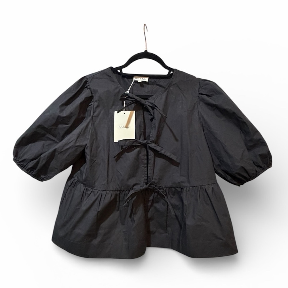 bohme Black Puff Sleeve Peplum Tie-Front Blouse